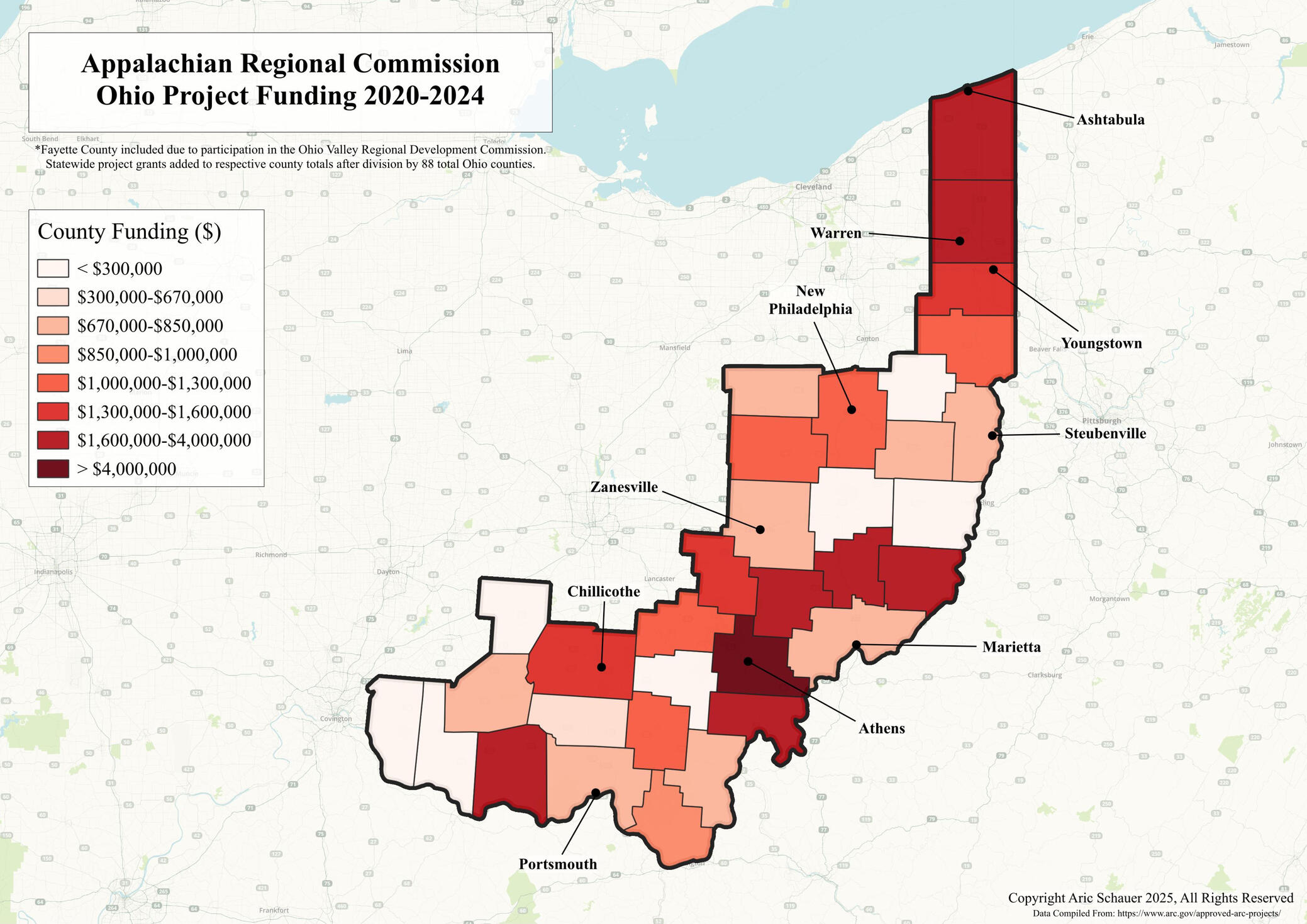 Since it's foundation in 1965, the Appalachian Regional Commission has funded hundreds of projects across Appalachian Ohio, supporting economic development in underserved communities. This map shows ARC project funding by county from 2020-2024.