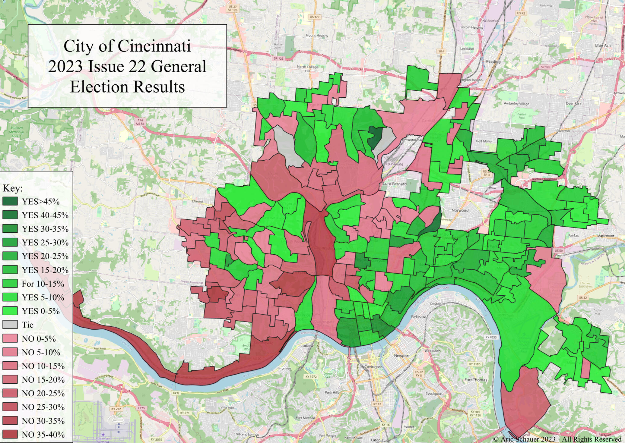In 2023, the city of Cincinnati voted 51.7%-48.3% to sell the Cincinnati Southern Railway for $1.6 billion dollars. The vote was split mainly between Cinci’s East and West sides, with the wealthier, heavily white Eastern portion carrying the Yes vote.