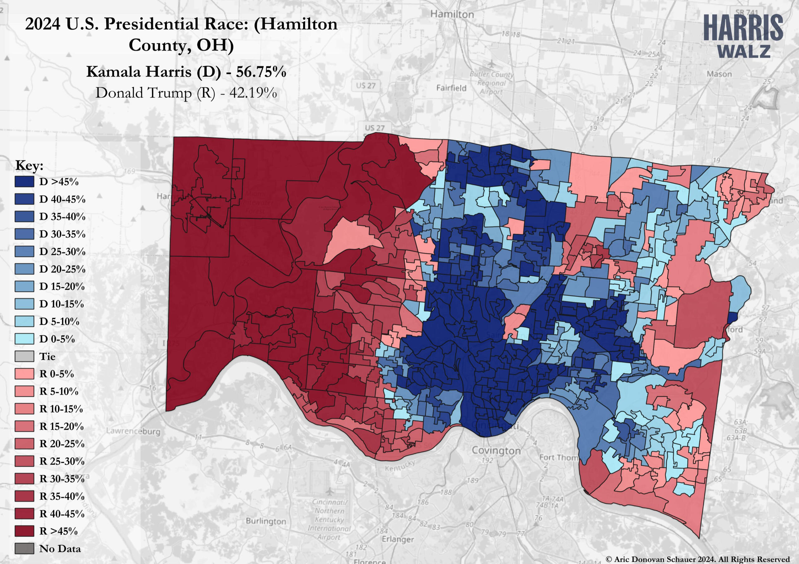 In 2024, Kamala Harris defeated Donald Trump in Ohio's Hamilton County with 57% of the vote. Though Trump improved three points statewide from 2020, he gained just one here. This suburban, left-trending county continues to resist broader GOP gains in Ohio.