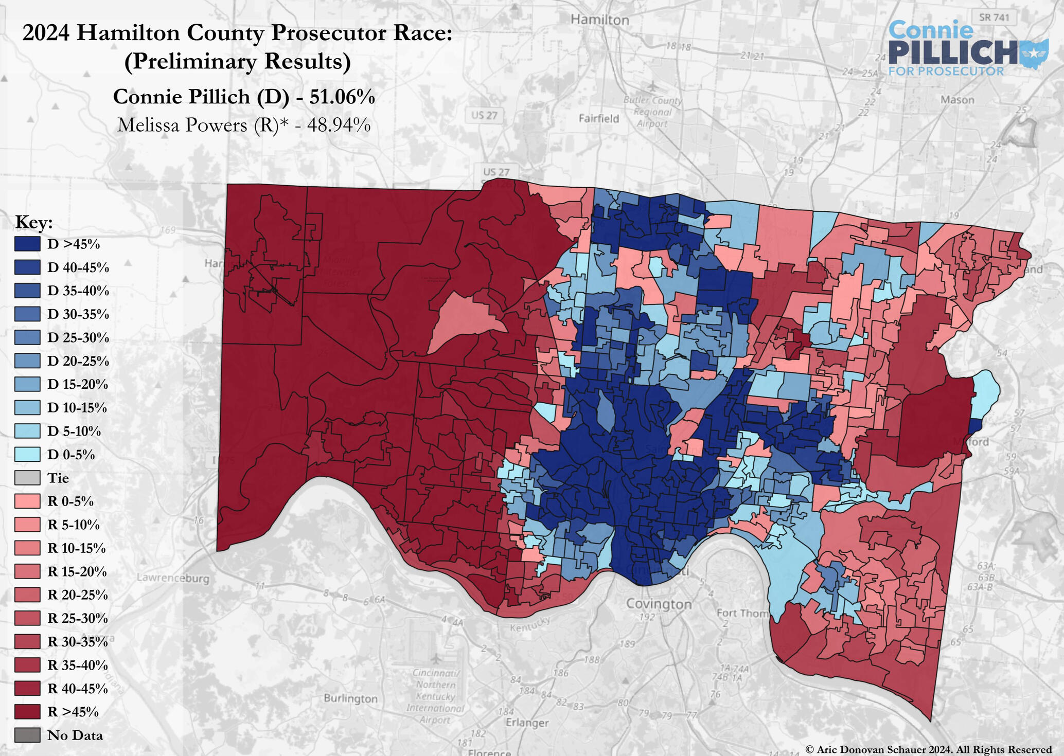 Despite full statewide losses, Democrats flipped a major local race in 2024 as former State Rep. Connie Pillich defeated incumbent Hamilton County prosecutor Melissa Powers. This win would end a 92-year Republican electoral streak in the position.