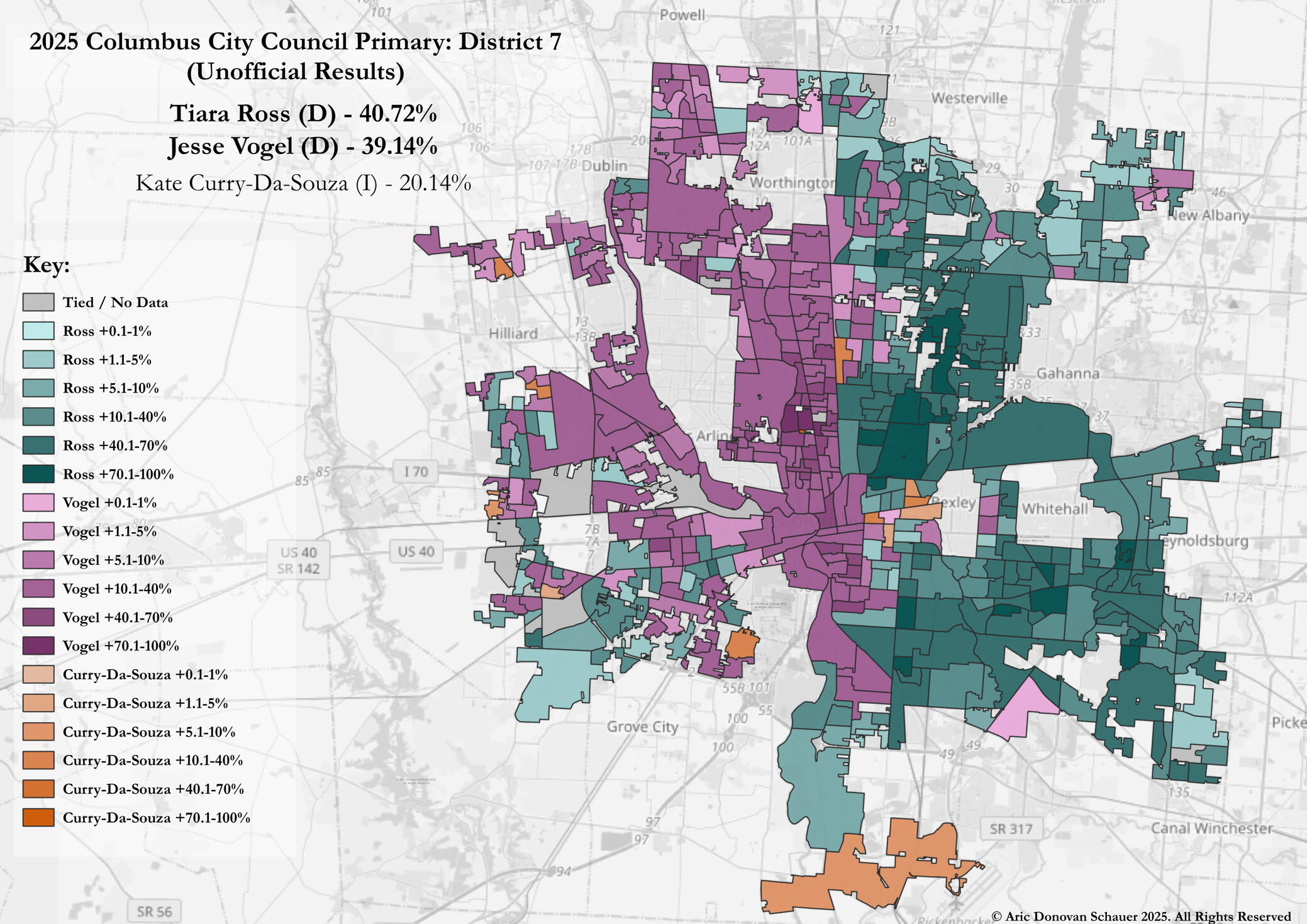 In May '25, Democrats Tiara Ross and Jesse Vogel advanced to the Columbus City Council general election, defeating Independent Kate Curry-Da-Souza. Results split geographically, with Ross carrying much of the diverse east side.